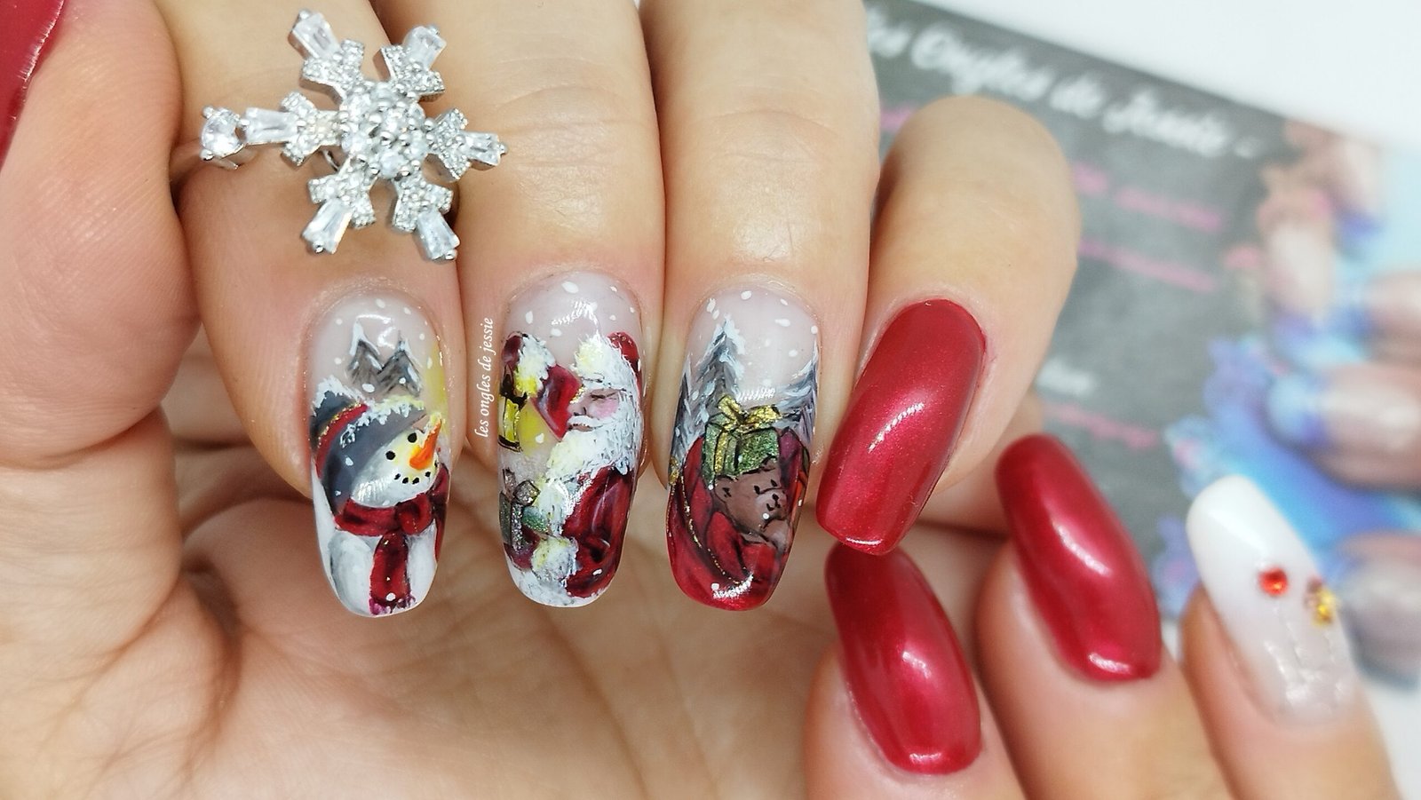 Manucure Noël – paysage Père Noël et bonhomme en rouge et blanc